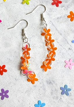 Iridescent Flower Sequin Trickle Earrings Orange