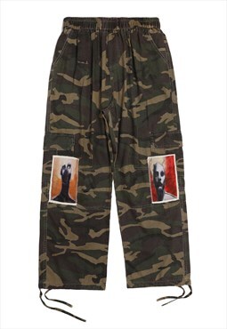 Camouflage jeans punk patch pants military overalls in green