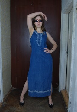 Vintage y2k cool maxi jeans long rave festival dress in blue