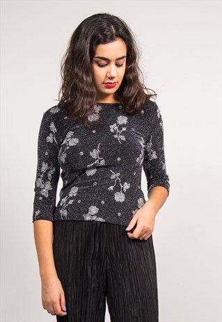 VINTAGE 90'S BLACK SPARKLE FLORAL PATTERN TOP T-SHIRT