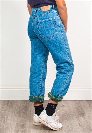 VINTAGE 90'S HIGH WAIST TARTAN LINING DENIM MOM JEANS