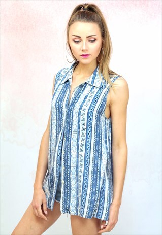 1990S VINTAGE BLUE FISH PRINT SLEEVELESS BLOUSE