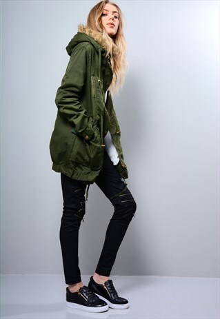 KHAKI PARKA WITH FAUX SHEEPSKIN LINING AND FUR TRIM HOOD