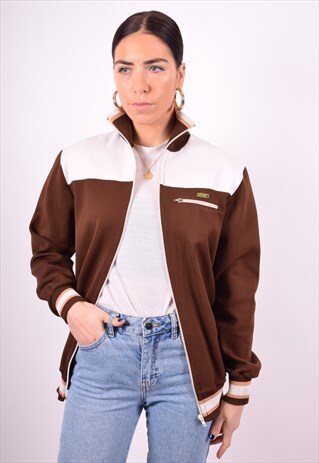 WOMENS VINTAGE TRACKSUIT TOP JACKET LARGE BROWN 90'S