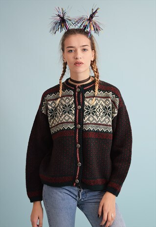 90'S RETRO NORDIC FAIR ISLE PATTERN KNIT CHRISTMAS CARDI