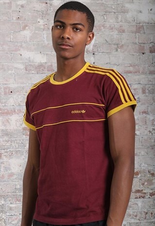 VINTAGE ADIDAS LOGO THREE STRIPE T-SHIRT RED AND YELLOW