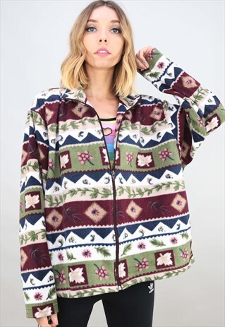 VINTAGE OVERSIZED ZIP UP PATTERNED FLEECE