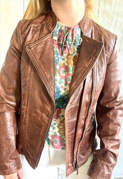 Vintage Distressed Boho Brown Leather 70's Biker Jacket