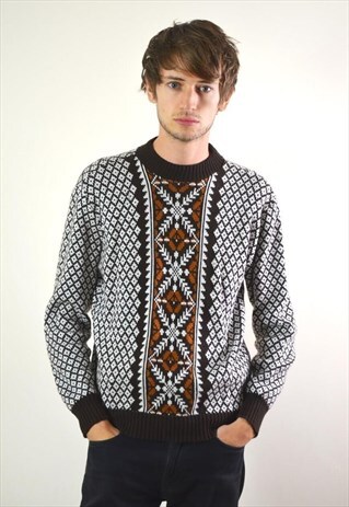1980S VINTAGE BROWN & CREAM PRINTED KNITTED JUMPER