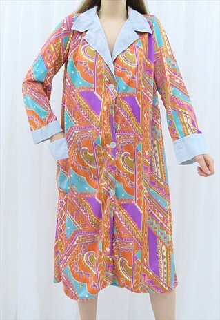 70S VINTAGE MULTICOLOURED COLLARED MIDI SHIFT DRESS