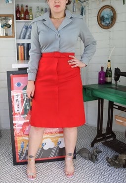 Vintage 60s Red Grey Monochrome Collar Midi V Shirt Dress