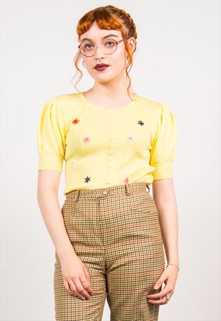 VINTAGE 70'S YELLOW FLORAL EMBROIDERED CUTE KNIT TOP