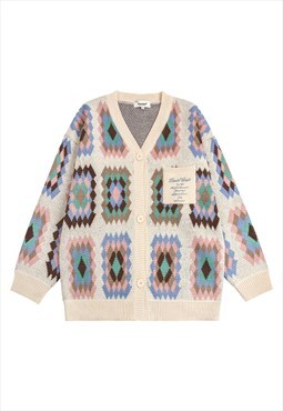 Ethnic pattern cardigan geometric knitted jumper in cream