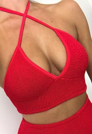 HALTER BRALET TOP IN RED CRINKLE