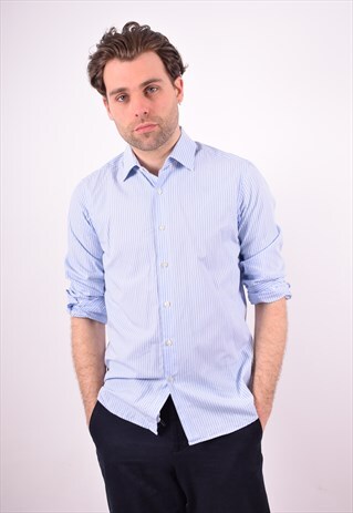 FERRE MENS VINTAGE SHIRT MEDIUM BLUE STRIPES 90S