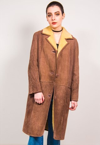 VINTAGE 90'S BROWN LONG BROWN SUEDE SHEEPSKIN STYLE COAT