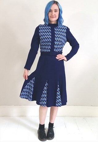 VINTAGE 60'S WOOLY NAVY BLUE DRESS W/ BELT