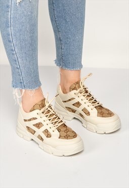 Klari Patterned Panel Chunky Lace Up Trainer in Beige