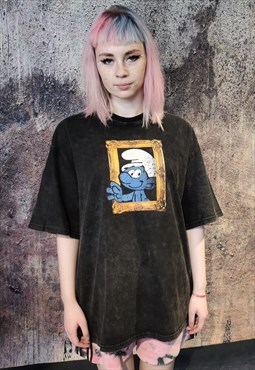 Smurf print tee distressed cartoon gnome t-shirt in grey