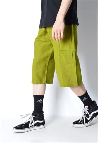 VINTAGE 70S KHAKI GREEN SILK LINEN BLEND CARGO SHORTS