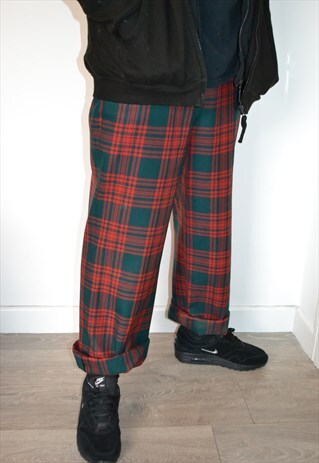 VINTAGE FLETCHER JONES 70'S RED AND GREEN TARTAN TROUSERS