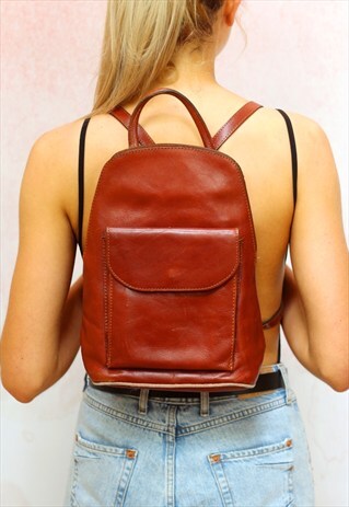 1980S VINTAGE RICH BROWN TAN REAL LEATHER BACKPACK