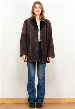 Vintage 90's Women Genuine Suede Coat in Brown