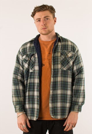 VINTAGE PLAID FLANNEL SHIRT QUILTED JACKET LARGE