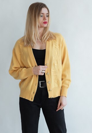 VINTAGE 60S FUNKY YELLOW FLORAL PATTERN CARDIGAN