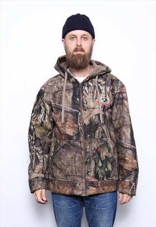 VINTAGE MOSSY OAK CAMO HOODED FLEECE HUNTING JACKET