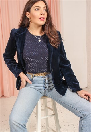 VINTAGE 70S VELVET BLAZER IN NAVY BLUE