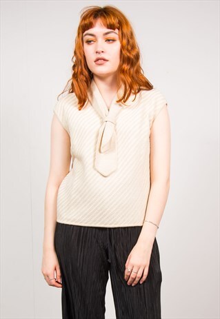 VINTAGE 70'S BEIGE SPARKLY KNIT NECK TIE VEST TOP