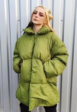 Raised neck bomber Korean quilted puffer jacket in green