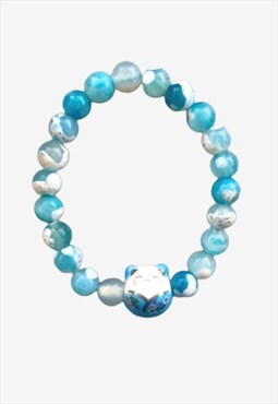 Lucky Cat Sky Blue Fire Agate Beaded Gemstone Gift Bracelet