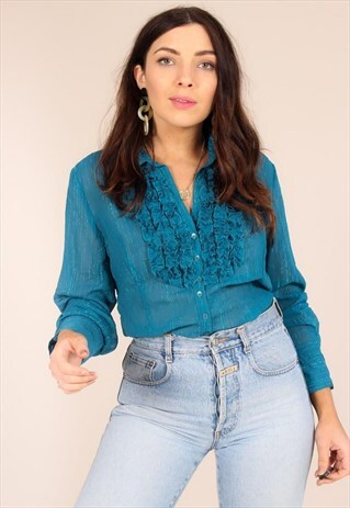 VINTAGE 80S RUFFLE FRONT SEMI SHEER BLOUSE
