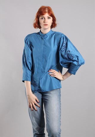 VINTAGE 80S BLUE PUFF SLEEVE EMBROIDERED BLOUSE