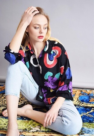 90'S RETRO BOHO FLORAL & HEART PATTERN OVERSIZED MOM'S SHIRT