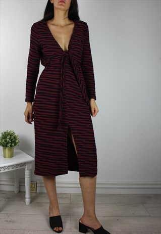 TEXTURED STRIPE PATTERN MIDI DRESS W TIE FRONT & SPLIT