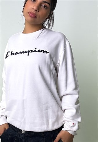 WHITE Y2KS CHAMPION PRINT SPELLOUT SWEATSHIRT