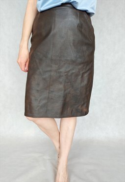 Vintage Brown Leather Pencil Skirt, Small Size