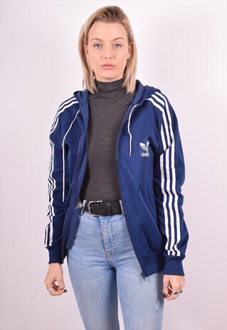 ADIDAS WOMENS VINTAGE HOODIE JACKET LARGE BLUE 90S