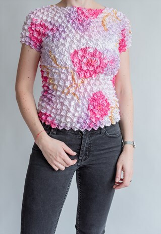 VINTAGE 00S CRINKLE STRETCH BLOUSE IN PINK
