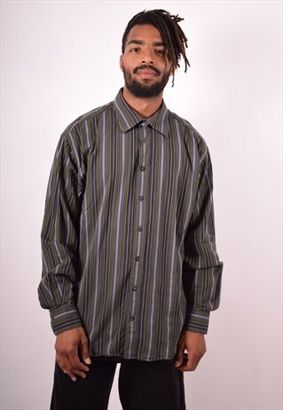 YVES SAINT LAURENT MENS VINTAGE SHIRT XL BLUE STRIPES 90S