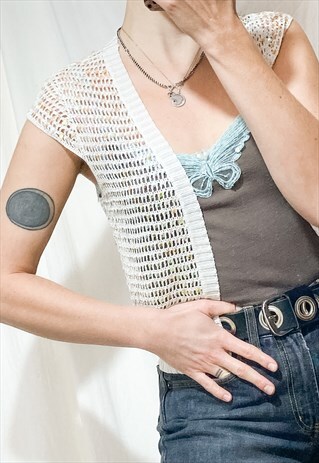VINTAGE CROCHETED VEST CARDIGAN Y2K WAISTCOAT WHITE SEQUIN