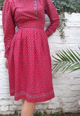 VINTAGE 80S RED PATTERN MIDI PRAIRIE DRESS