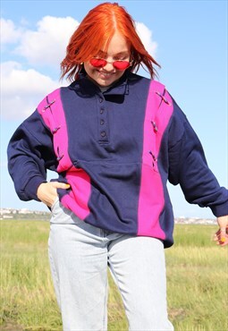 Vintage 80s 90s Retro Navy & Pink Fleece Sweater Jumper