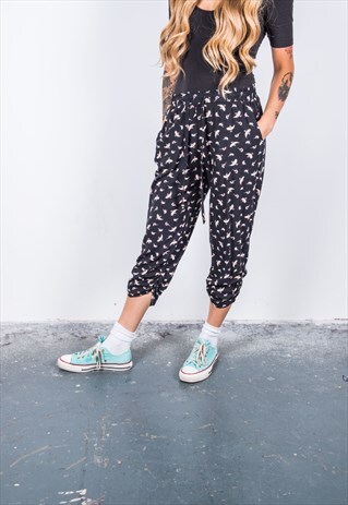 VINTAGE BLACK BIRD PATTERNED TROUSERS