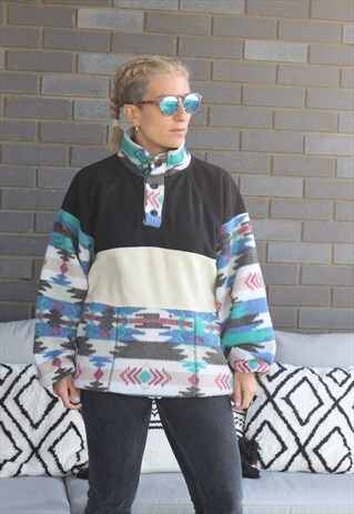 VINTAGE 1990S AZTEC PRINTED OVERSIZED QUARTER BUTTON FLEECE