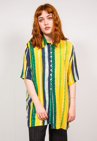 90'S YELLOW & GREEN STRIPED PRINT OVERSIZED BLOUSE SHIRT