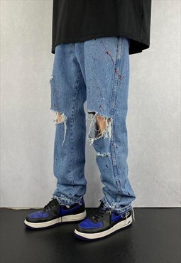 Blue Rip Knee Jeans Painted Distressed (36 x 33)